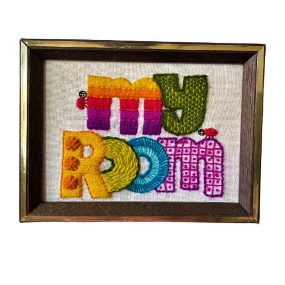 2/$30 Vintage Handmade embroidered framed sign wall/door hanging ladybugs - Picture 2 of 12